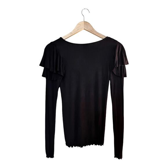 FREE PEOPLE On Rewind Jersey Black Knit Top Blouse Ruffle Long Sleeves V-Neck XS - Picture 8 of 11